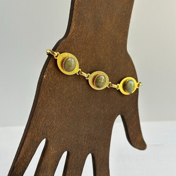 Gold Plated Nephrite Jade Bracelet 8" Women's Plus Size Jewelry Oval Sunburst - Picture 4 of 7